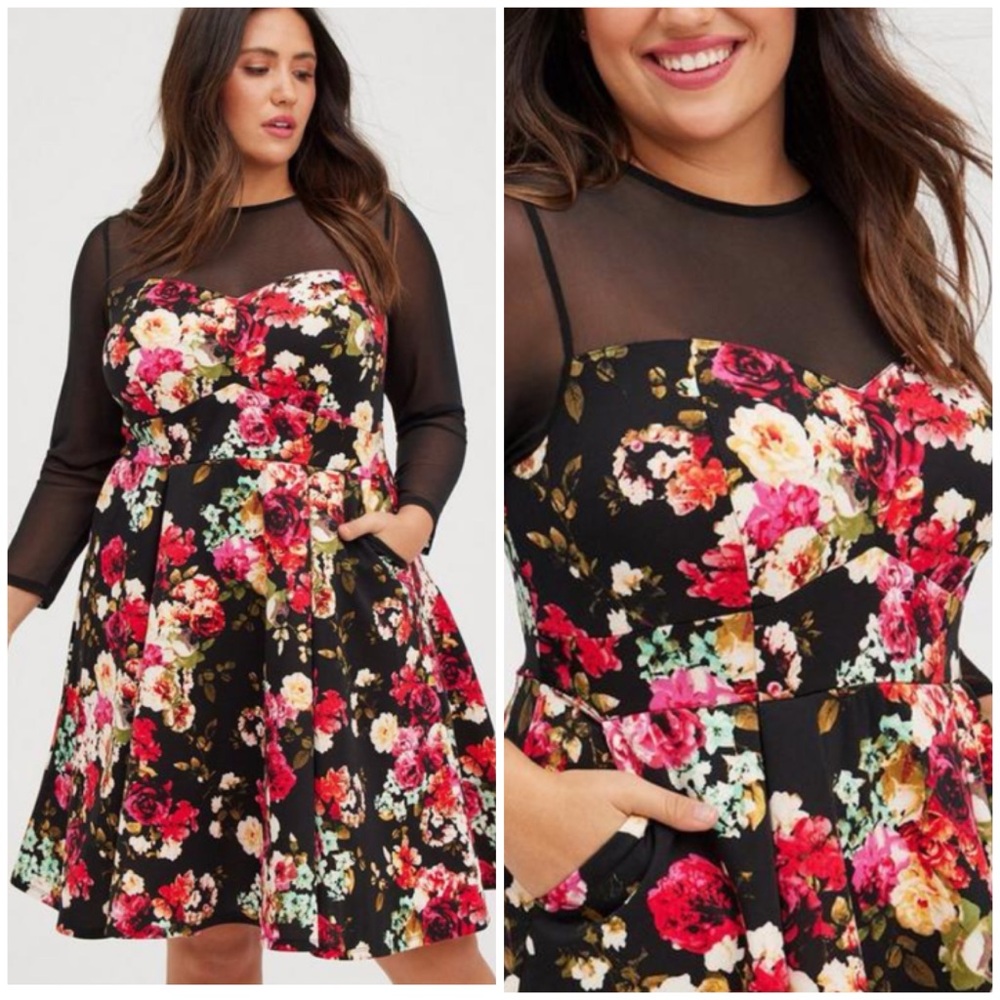 torrid Black Floral Fit-and-Flare Dress with Sheer Long Sleeves
